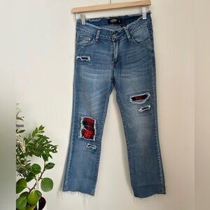 Distressed Blue Jeans with Red Plaid Accents